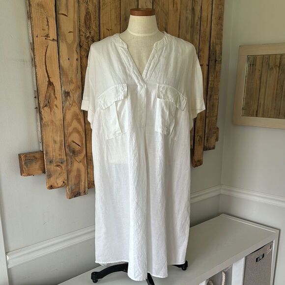 H&M Linen Blend Pop Over Shirt Dress‎ Cover Up Size Large Knee White Lightweight - Picture 1 of 16